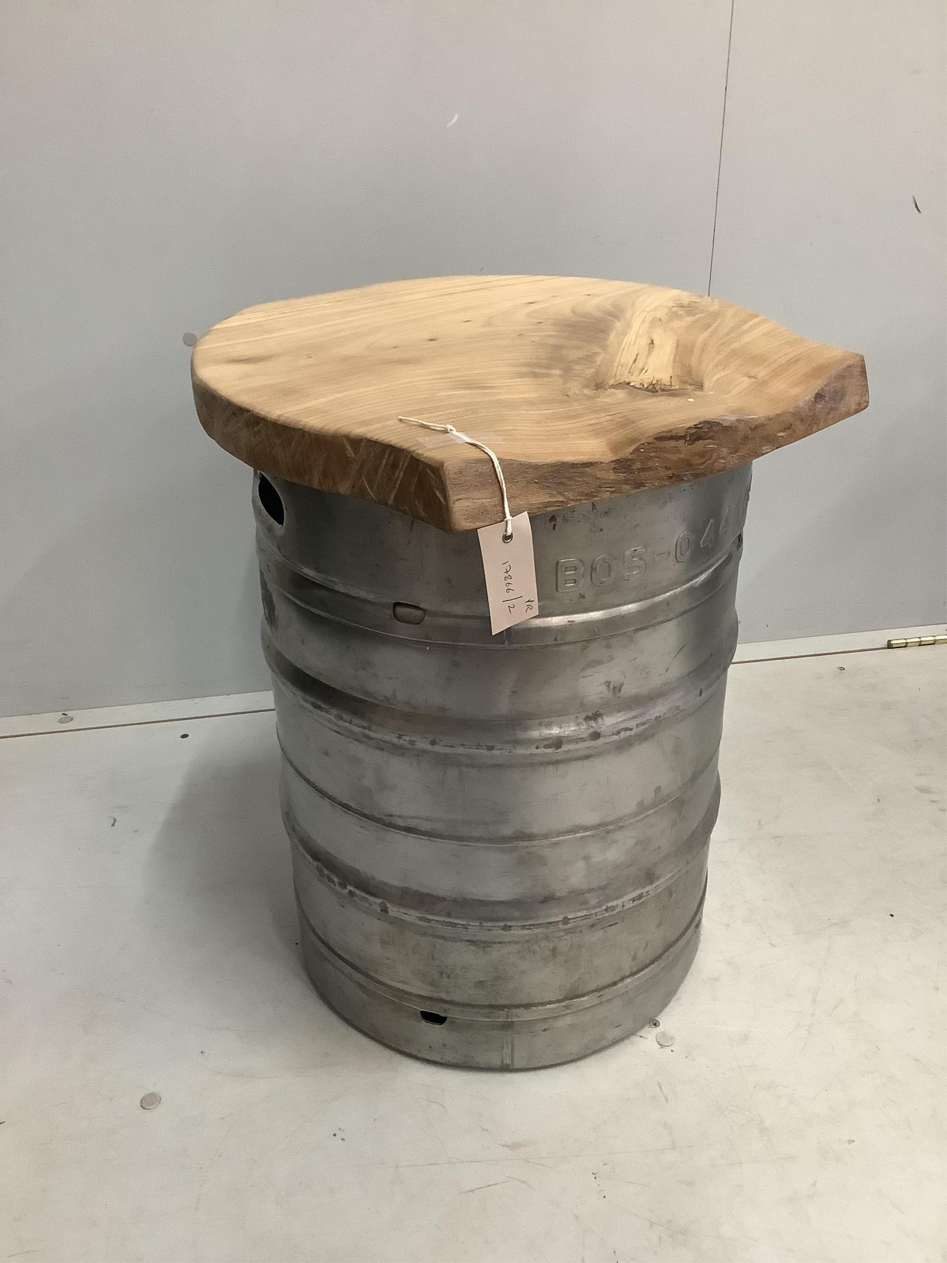 Two beer keg stools with elm seats, width 46cm, height 58cm. Condition - good